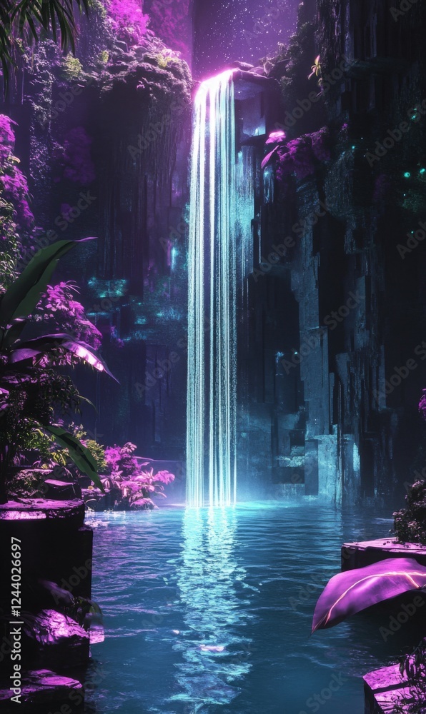 Fototapeta premium Mystical waterfall cascading into vibrant pool surrounded by neon flora in an enchanted realm
