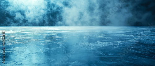 Professional ice hockey rink with dramatic lighting, fog, skate marks. Panoramic scene with winter sports arena for competition, championship. Sport background.Generative ai photo