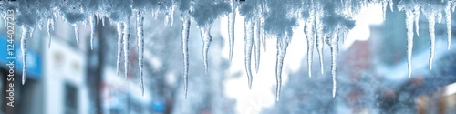 Icicles hanging from the roof of a building during winter photo