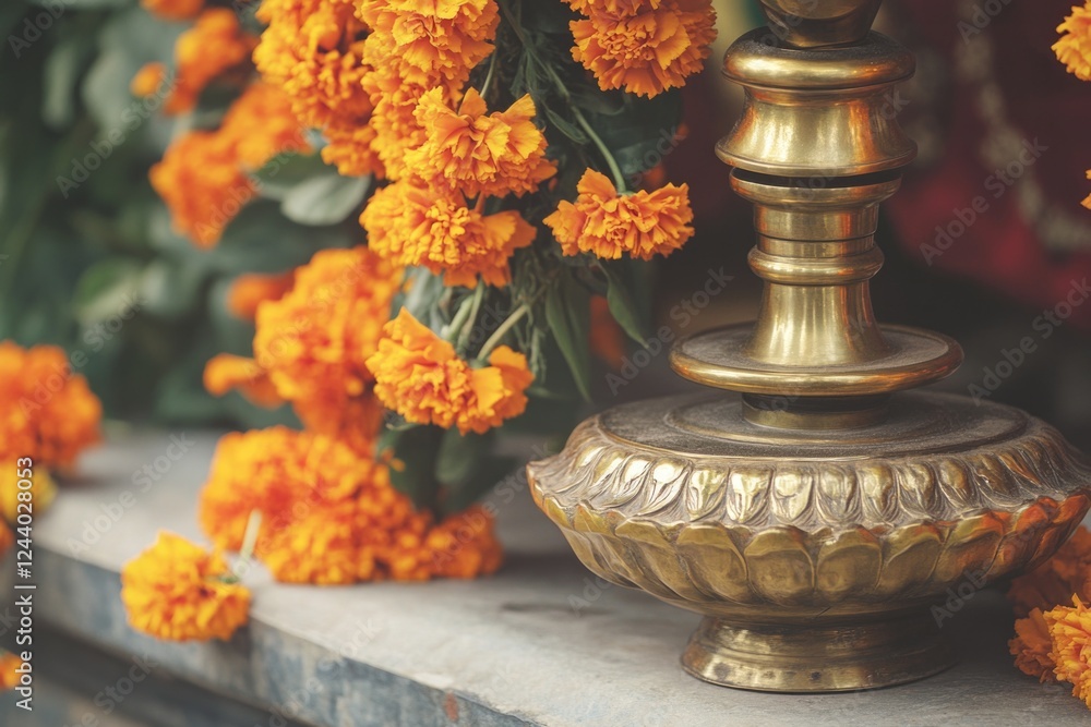 Fototapeta premium A beautiful gold vase on a table with fresh flowers in the background