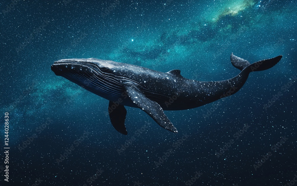 Obraz premium A majestic humpback whale swimming gracefully through a starry ocean.