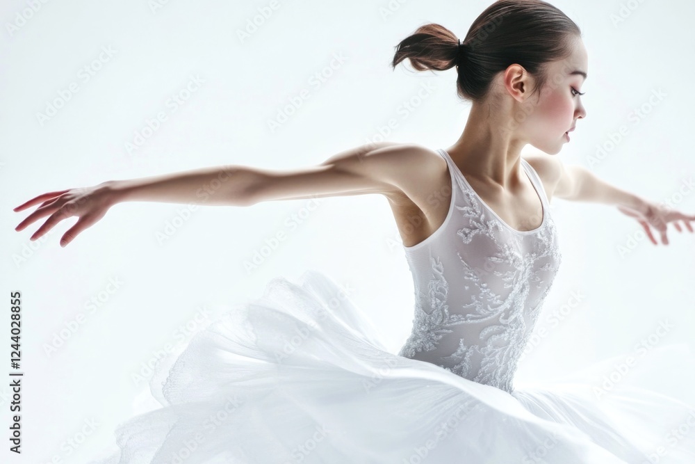 Naklejka premium A woman in a beautiful white dress is dancing in front of a colorful background