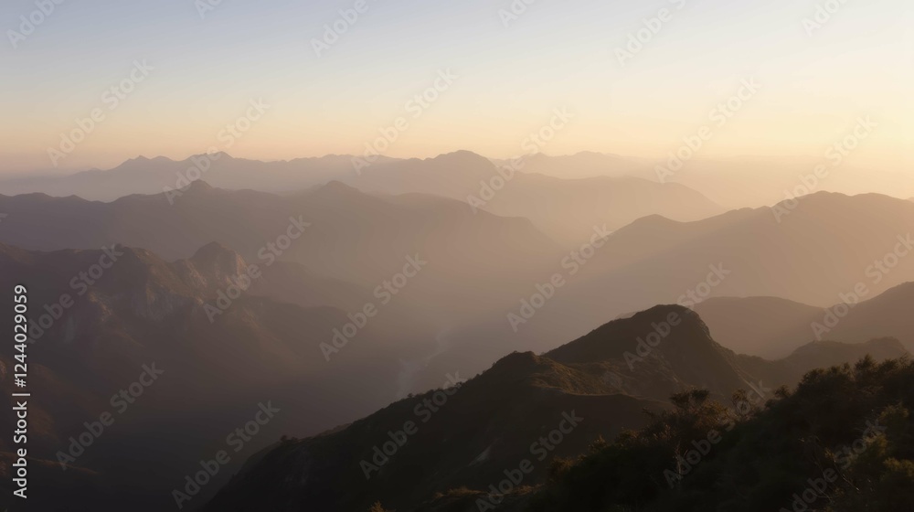 Serene Mountain Landscape at Dusk with Soft Golden Lighting Serene Mountain Landscape at Dusk with Soft Golden Lighting