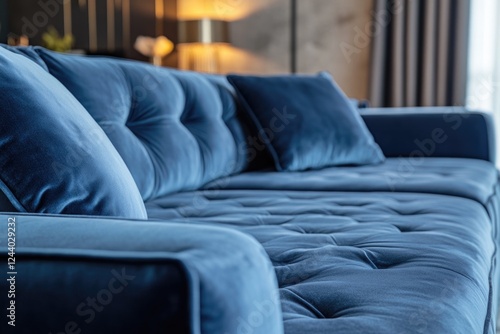 A blue couch in a cozy living room setting, next to a window with natural light