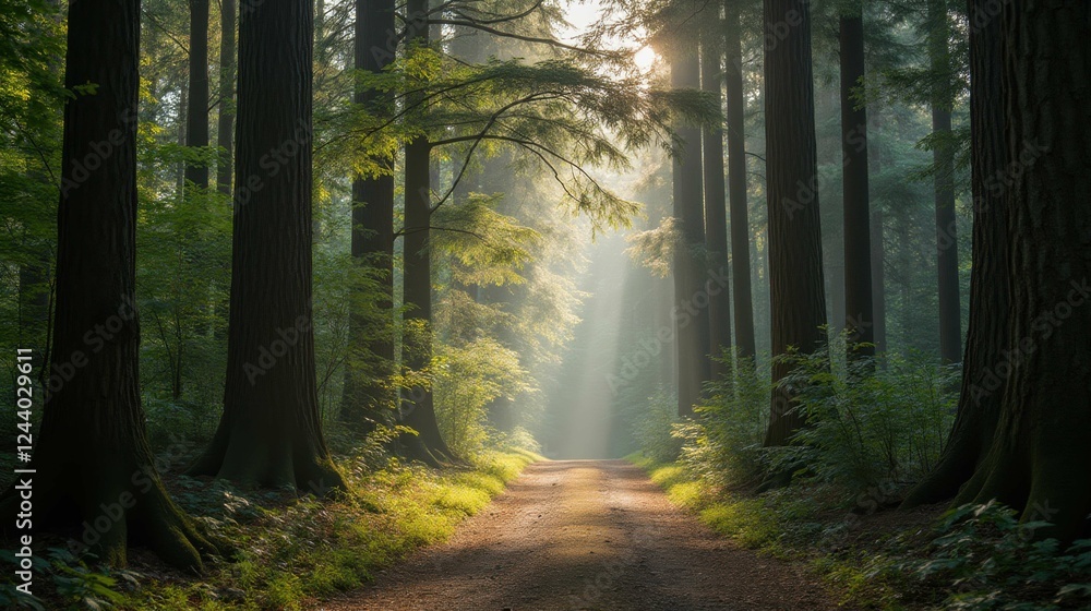 Obraz premium Tranquil Forest Pathway with Sunlight Filtering Through Trees