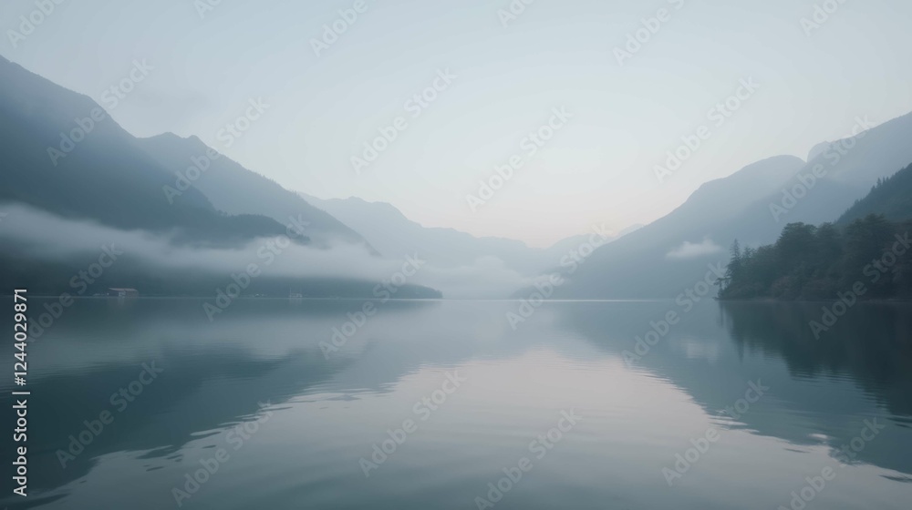 Serene Mountain Lake at Dawn with Mist and Reflections in Water Serene Mountain Lake at Dawn with Mist and Reflections in Water