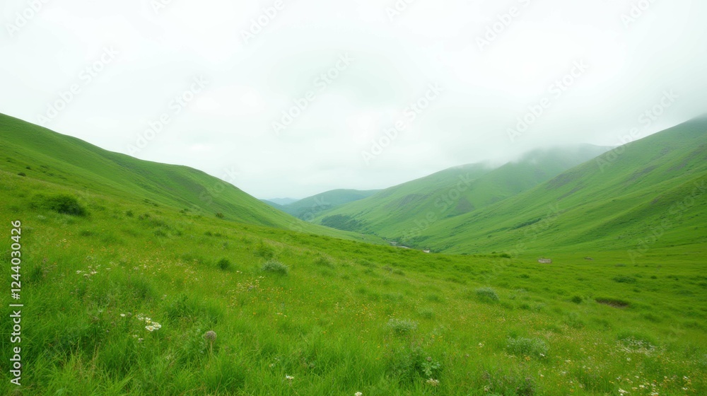 Lush Green Valley with Gentle Hills Under Overcast Skies Lush Green Valley with Gentle Hills Under Overcast Skies