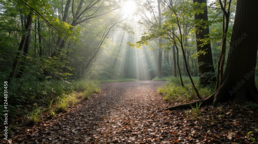 Obraz premium Sunlight Streaming Through Trees in Serene Forest Pathway