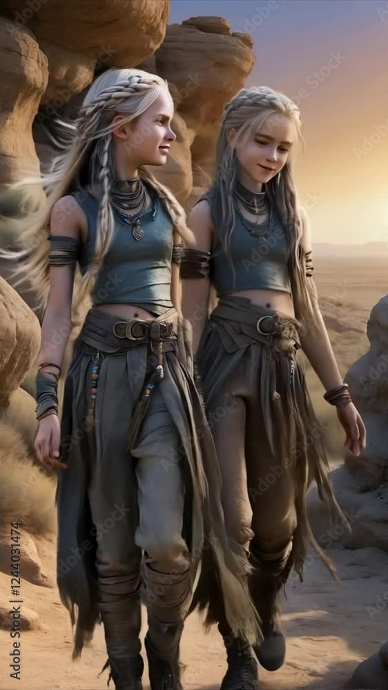 Post-apocalyptic sand sisters walk together in the desert. Post-apocalyptic sand sisters walk together in the desert.