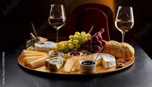 plateau de fromage à partager avec du pain, du raisin, des noix en ia, plateau gourmand avec des verres de vin