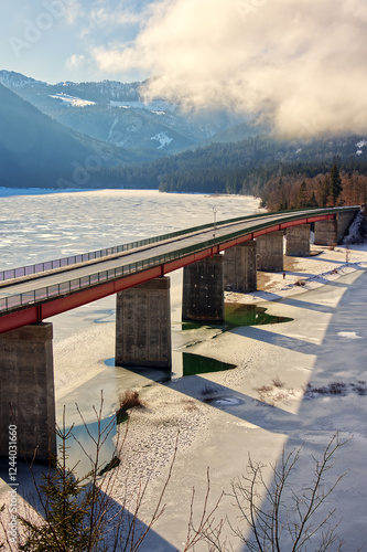 Bridge over the Sylvenstein lake in the winter photo