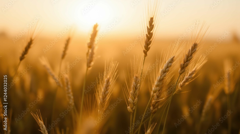 Golden Wheat Field Under Sunlight at Dusk with a Warm Glow Golden Wheat Field Under Sunlight at Dusk with a Warm Glow