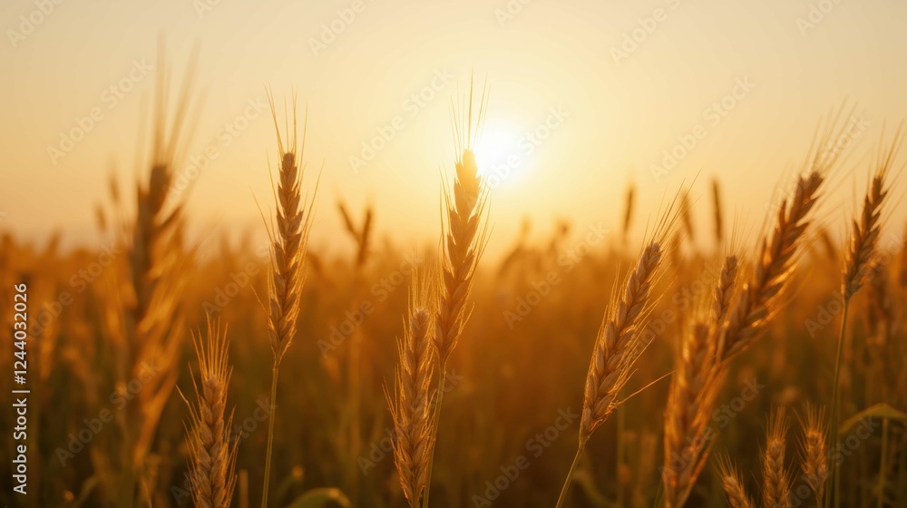 Golden Wheat Field Under Warm Sunlight at Dusk or Dawn Golden Wheat Field Under Warm Sunlight at Dusk or Dawn