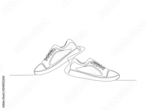 Continuous one line drawing of casual sneakers design. Trendy shoes in single line draw illustration. Editable stroke.