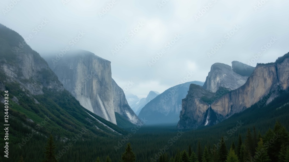 Obraz premium Majestic Mountain Valley Surrounded by Fog and Green Forests