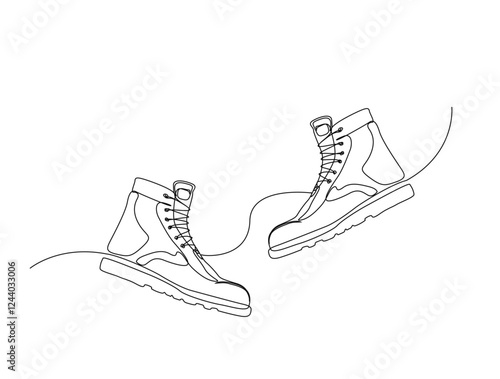 Continuous one line drawing of work boot design. Man Shoes in single line draw illustration. Editable stroke.
