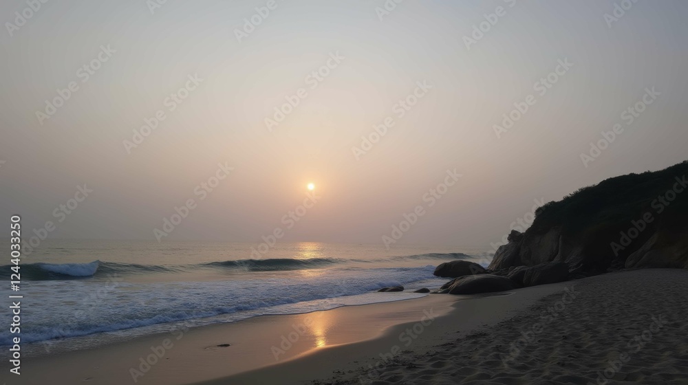 Serene Beach Sunset with Gentle Waves and Calm Horizon View Serene Beach Sunset with Gentle Waves and Calm Horizon View