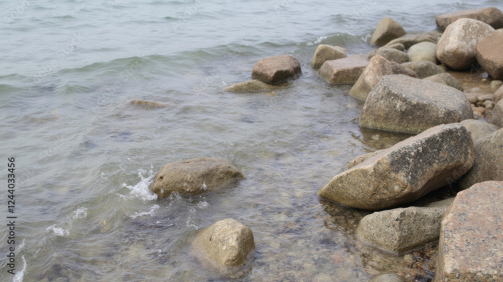 Tranquil Shoreline Scene with Rocks and Gentle Waves at Water's Edge Tranquil Shoreline Scene with Rocks and Gentle Waves at Water's Edge