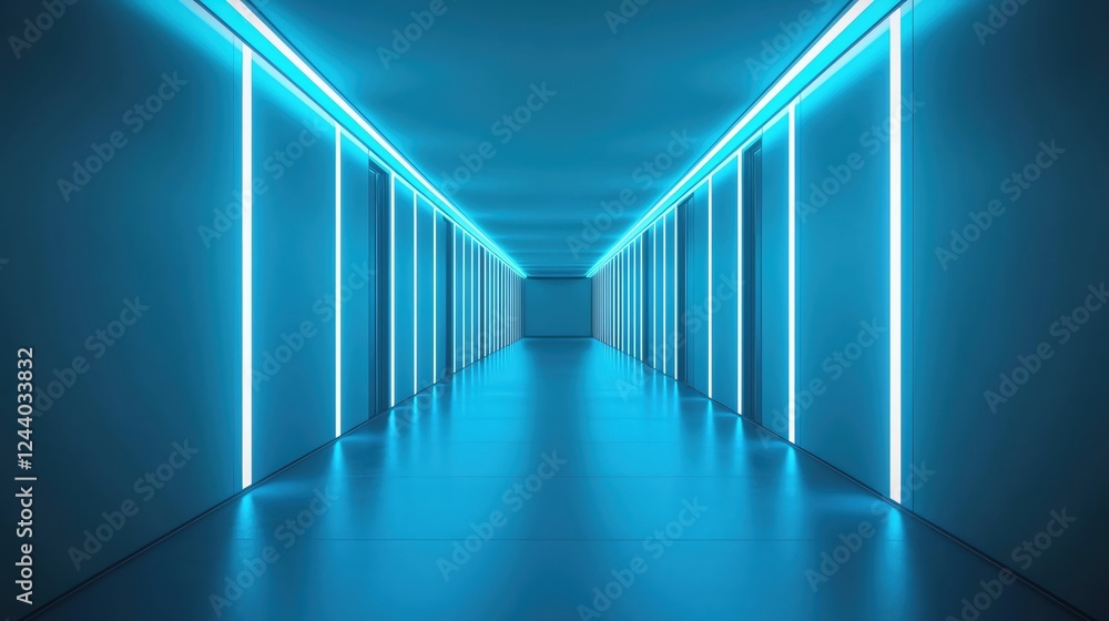 Obraz premium Futuristic hallway illuminated with blue neon lights creating a modern atmosphere.