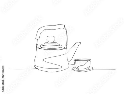 Continuous one line drawing of simple teapot. Teapot in single line draw illustration. Editable stroke.