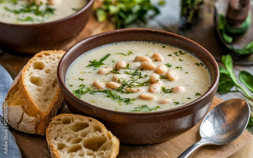 Tuscan white bean soup on a wooden surface photo