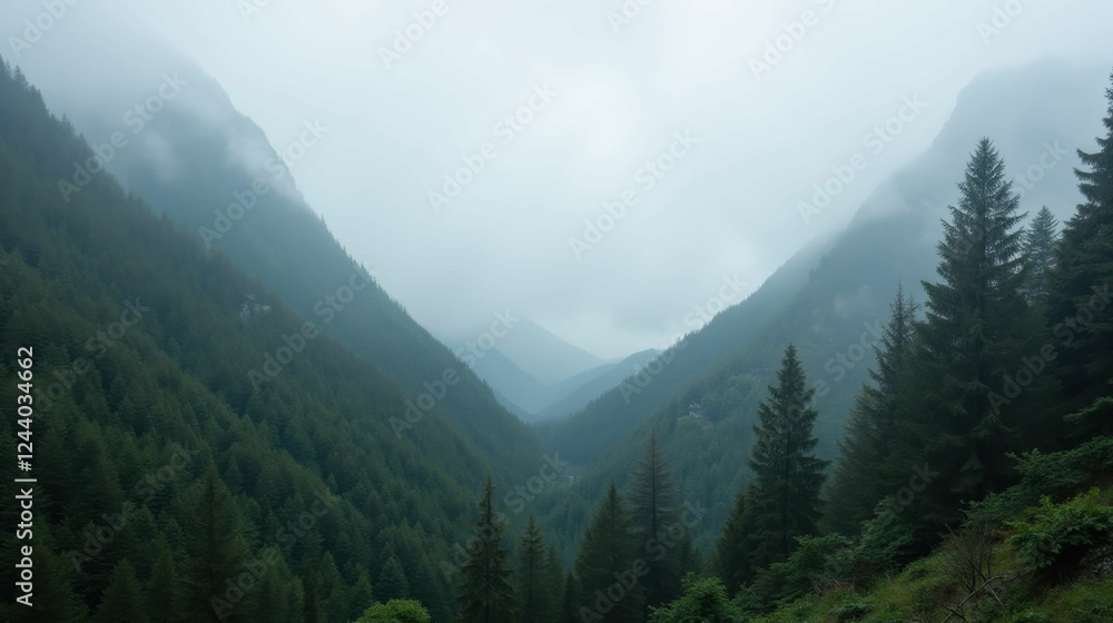 Fototapeta premium Misty Mountain Valley Landscape with Evergreen Trees and Fog