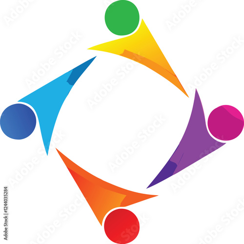 A modern, abstract logo featuring a circular arrangement of multicolored triangular shapes