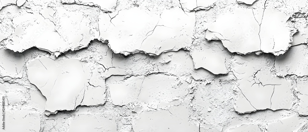 Obraz premium A close-up image of a weathered, peeling white wall with visible cracks and textures, creating a rustic and aged appearance.