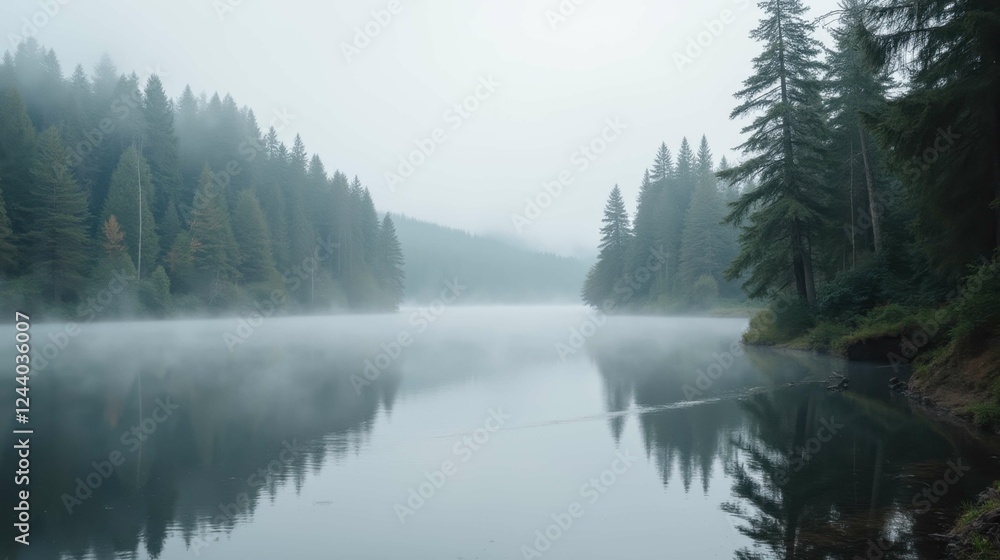 Fototapeta premium Tranquil Misty Lake Surrounded by Evergreen Trees in Nature