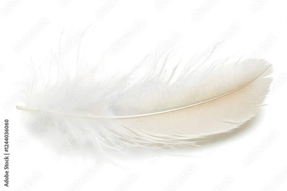 Obraz premium Single white feather floats, isolated, studio shot, design element