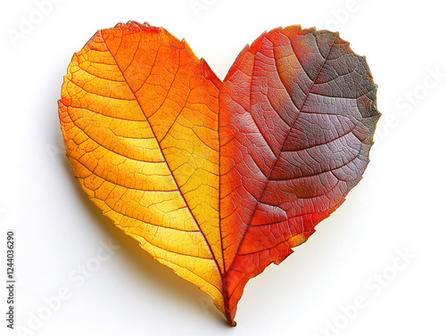 Autumn-colored heart-shaped leaf placed on a white surface