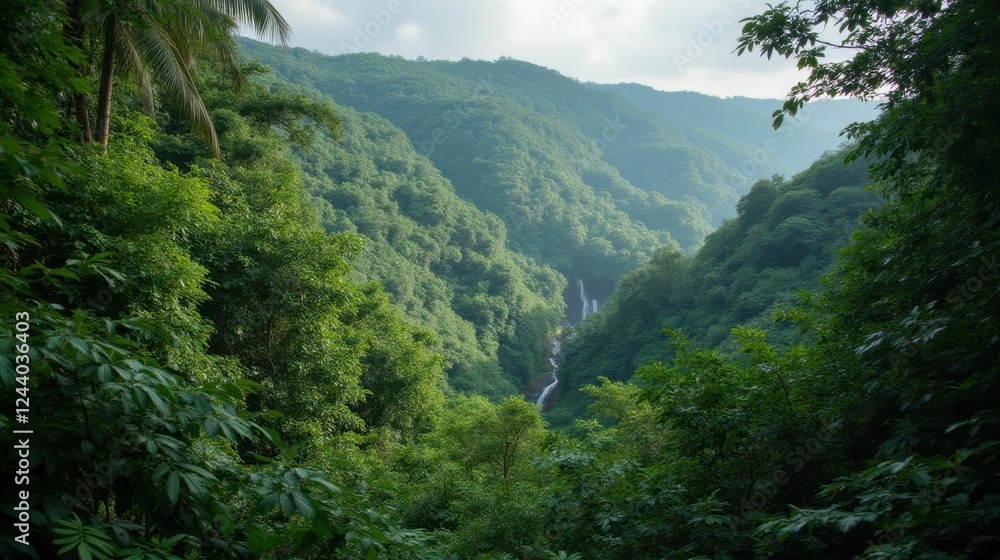 Fototapeta premium Lush Green Valley with Waterfall Surrounded by Mountains and Trees