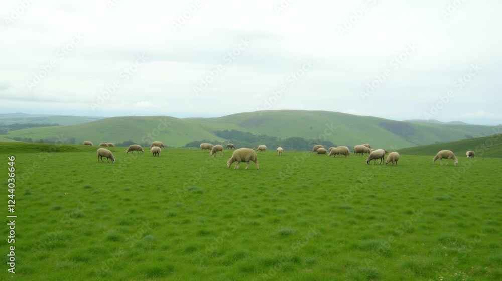 Tranquil Scenic Pasture with Grazing Sheep in Lush Green Landscape Tranquil Scenic Pasture with Grazing Sheep in Lush Green Landscape