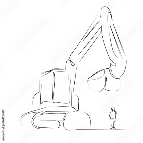 One continuous line art drawing flat illustration man, people, adult, excavator, occupation, shoveling, working, worker. Isolated image hand draw outline on white background