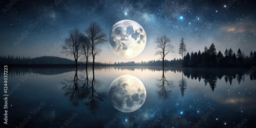 Naklejka premium Serene Nightscape Giant Moon Reflecting on a Still Lake Under a Starry Sky