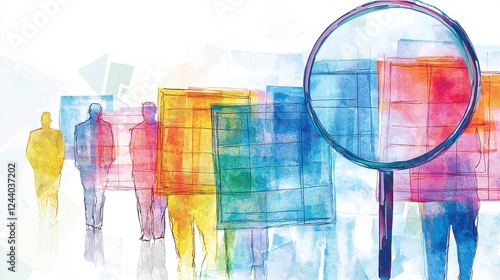 A colorful watercolor illustration depicting abstract figures with a magnifying glass, symbolizing exploration and scrutiny.