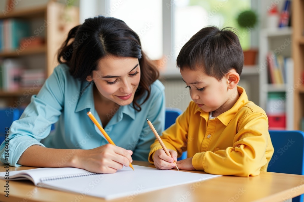 A nurturing scene of a young boy engaged in drawing activities with his supportive female tutor in a bright classroom filled with educational materials and books. A nurturing scene of a young boy engaged in drawing activities with his supportive female tutor in a bright classroom filled with educational materials and books.