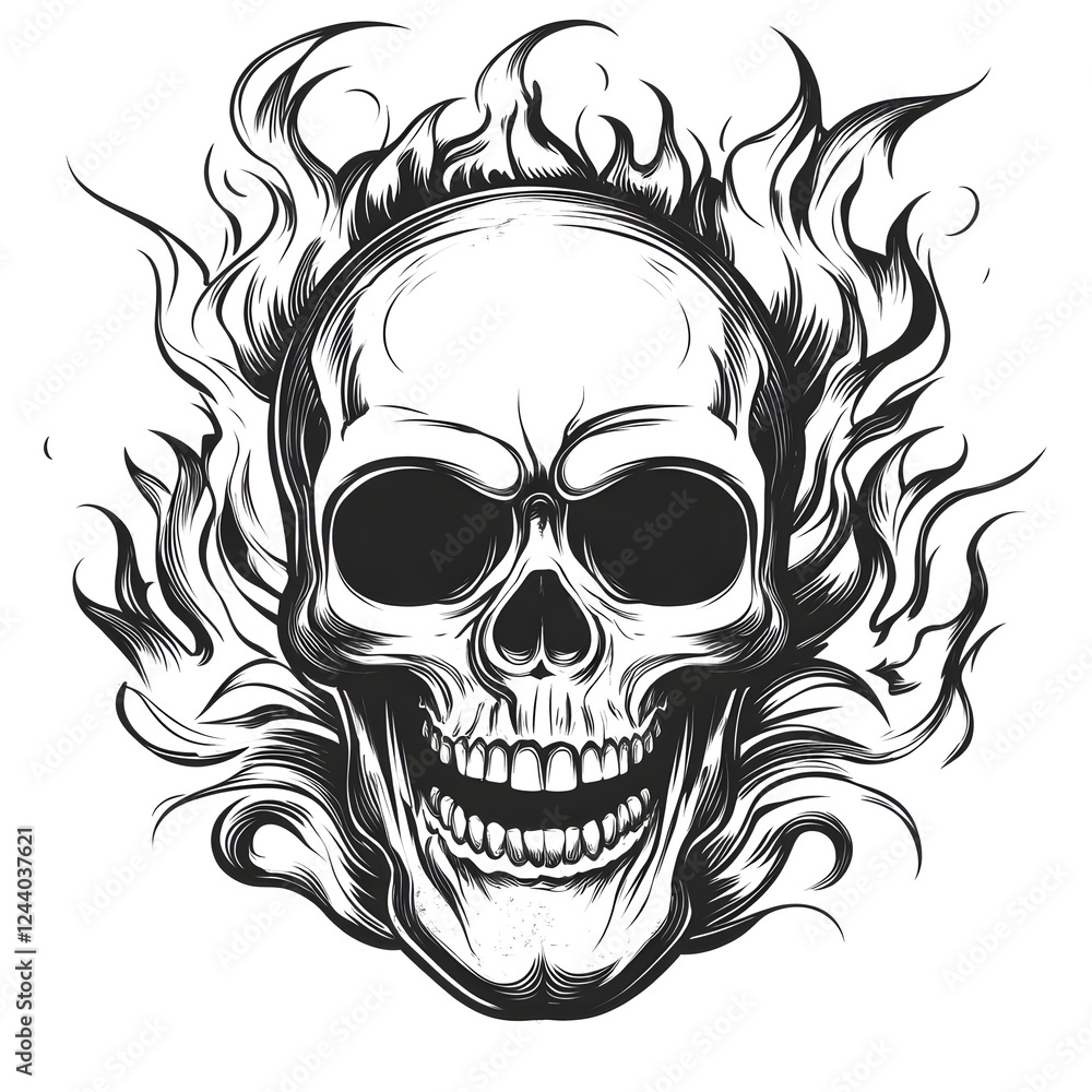 Obraz premium Horror Skull with Flames Tattoo in black and white engraving style