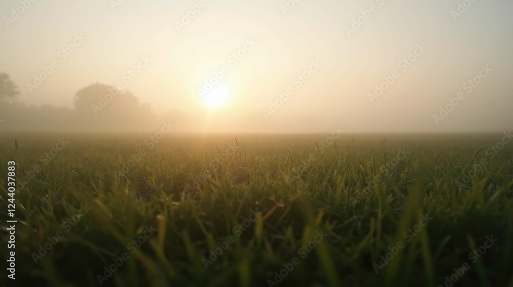 Tranquil Misty Morning Sunrise Over Lush Green Grass Field