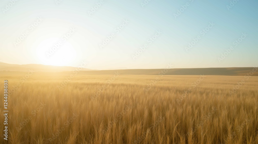 Golden Wheat Field Under Clear Blue Sky at Dawn Golden Wheat Field Under Clear Blue Sky at Dawn