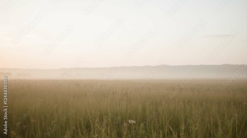 Serene Misty Landscape at Dawn with Gentle Fog Over Green Field Serene Misty Landscape at Dawn with Gentle Fog Over Green Field