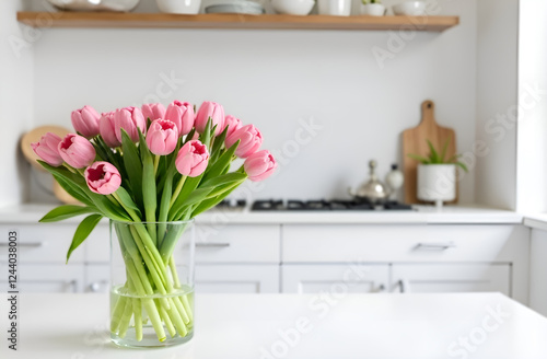 Bouquet of pink tulips in a vase on the kitchen table, selective focus, blurred background.