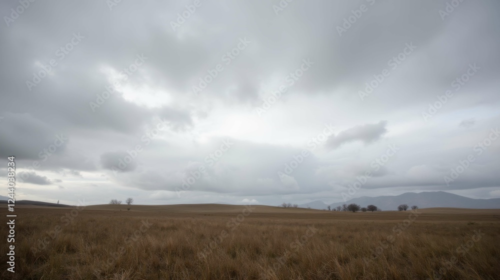 Expansive Grassland under Overcast Sky with Distant Mountains Expansive Grassland under Overcast Sky with Distant Mountains