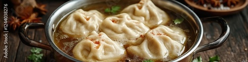 A traditional pot filled with dumplings placed on a rustic wooden table, ready to be served