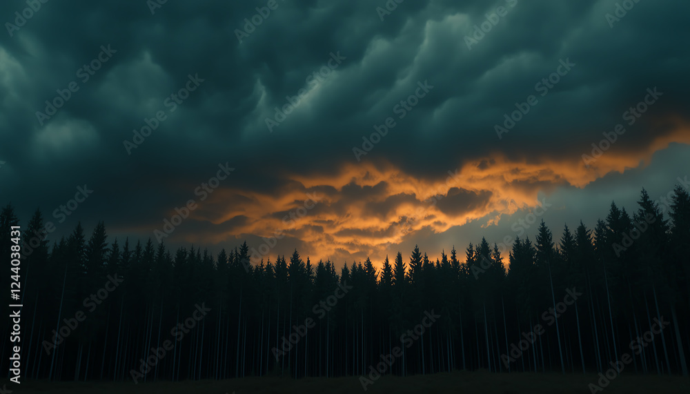 Obraz premium view of a forest with dramatic clouds and a fiery sunset