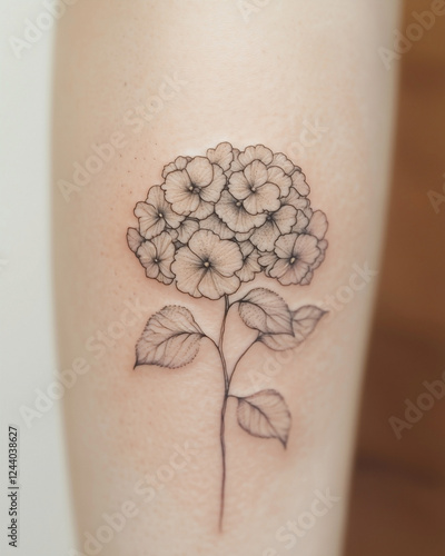 Surreal Close-Up of Hydrangea Tattoo in Minimalist Line Art on Flawless Female Skin, Featuring Intricate Floral Clusters and Subtle Stem and Leaf Elements photo