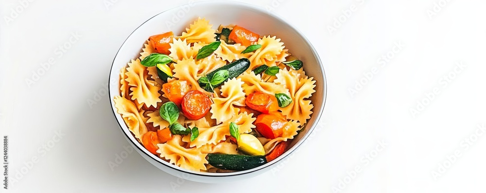 A bowl of farfalle with roasted vegetables, colorful and fresh, watercolor illustration, vibrant green, red, and yellow tones, isolated on white background A bowl of farfalle with roasted vegetables, colorful and fresh, watercolor illustration, vibrant green, red, and yellow tones, isolated on white background