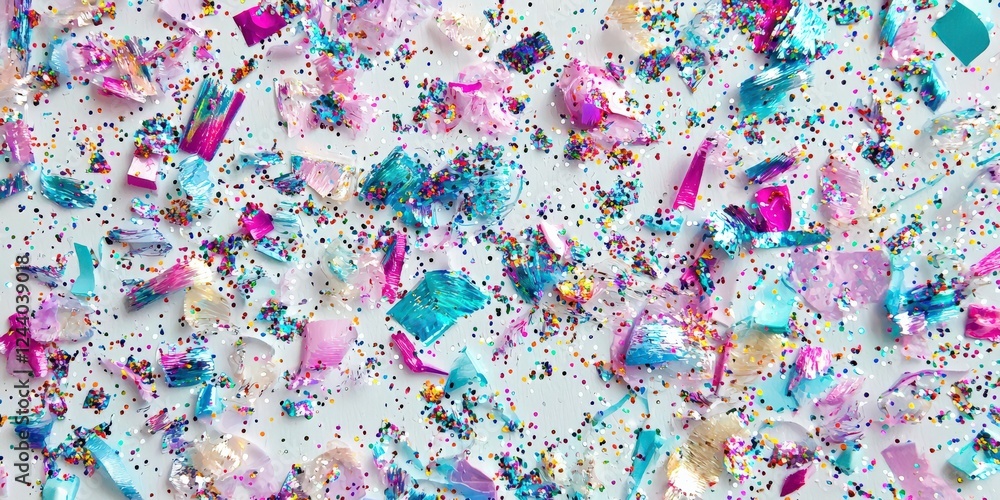 A close-up flat lay of glittery confetti pieces and shiny streamers, neatly scattered across a white canvas A close-up flat lay of glittery confetti pieces and shiny streamers, neatly scattered across a white canvas
