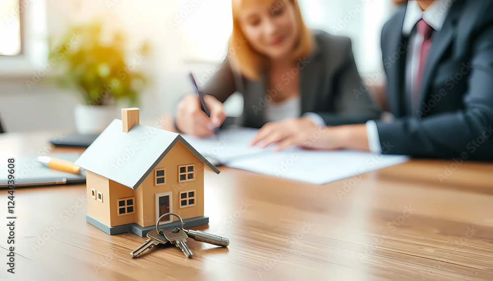 Professional couple reviewing paperwork with a miniature house and keys on the table, symbolizing real estate transactions and home ownership. Professional couple reviewing paperwork with a miniature house and keys on the table, symbolizing real estate transactions and home ownership.