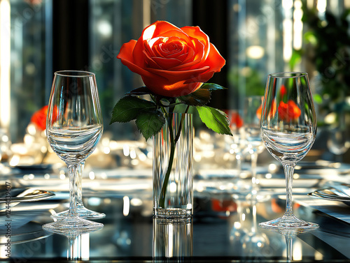 Modern dining table with glass plates and a rose centerpiece in an elegant setup